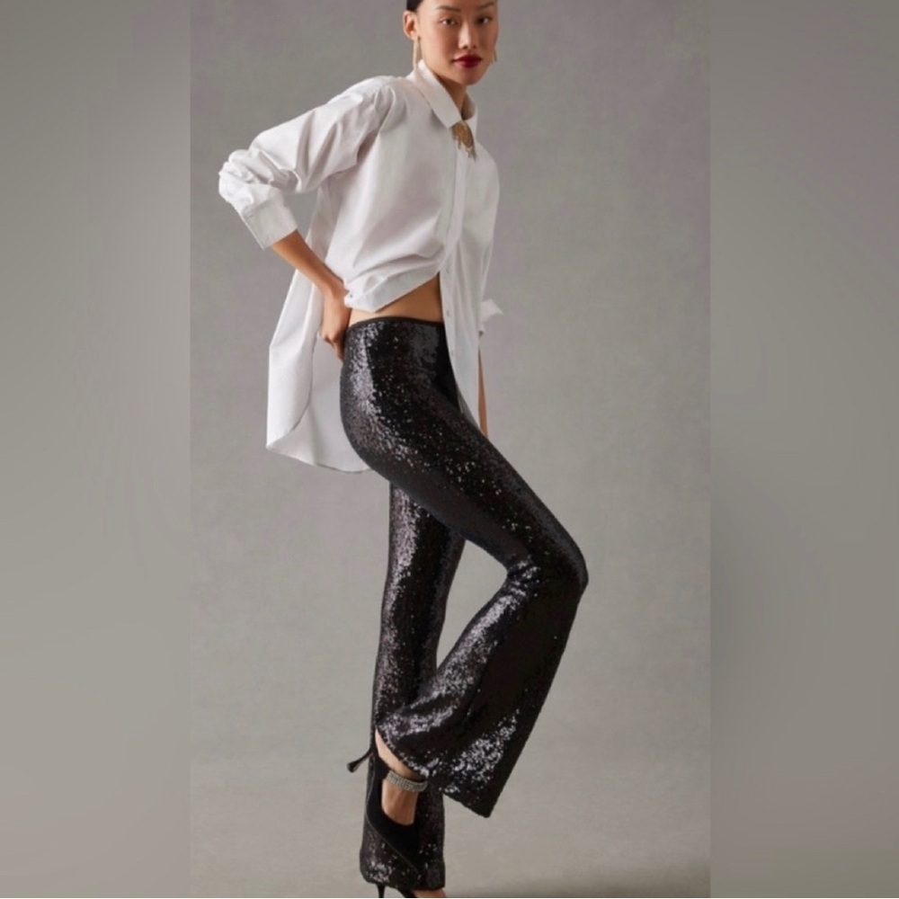 By Anthropologie Joni Sequin Flare Pants size 6 Black